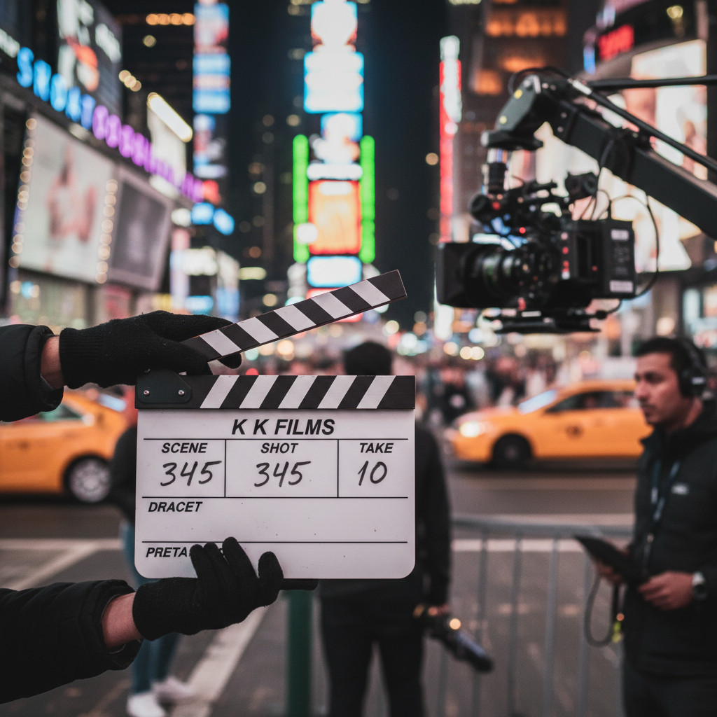 Film Production shoot on Times Square close up of clapper board written
K K Films, scene 345, shot 10