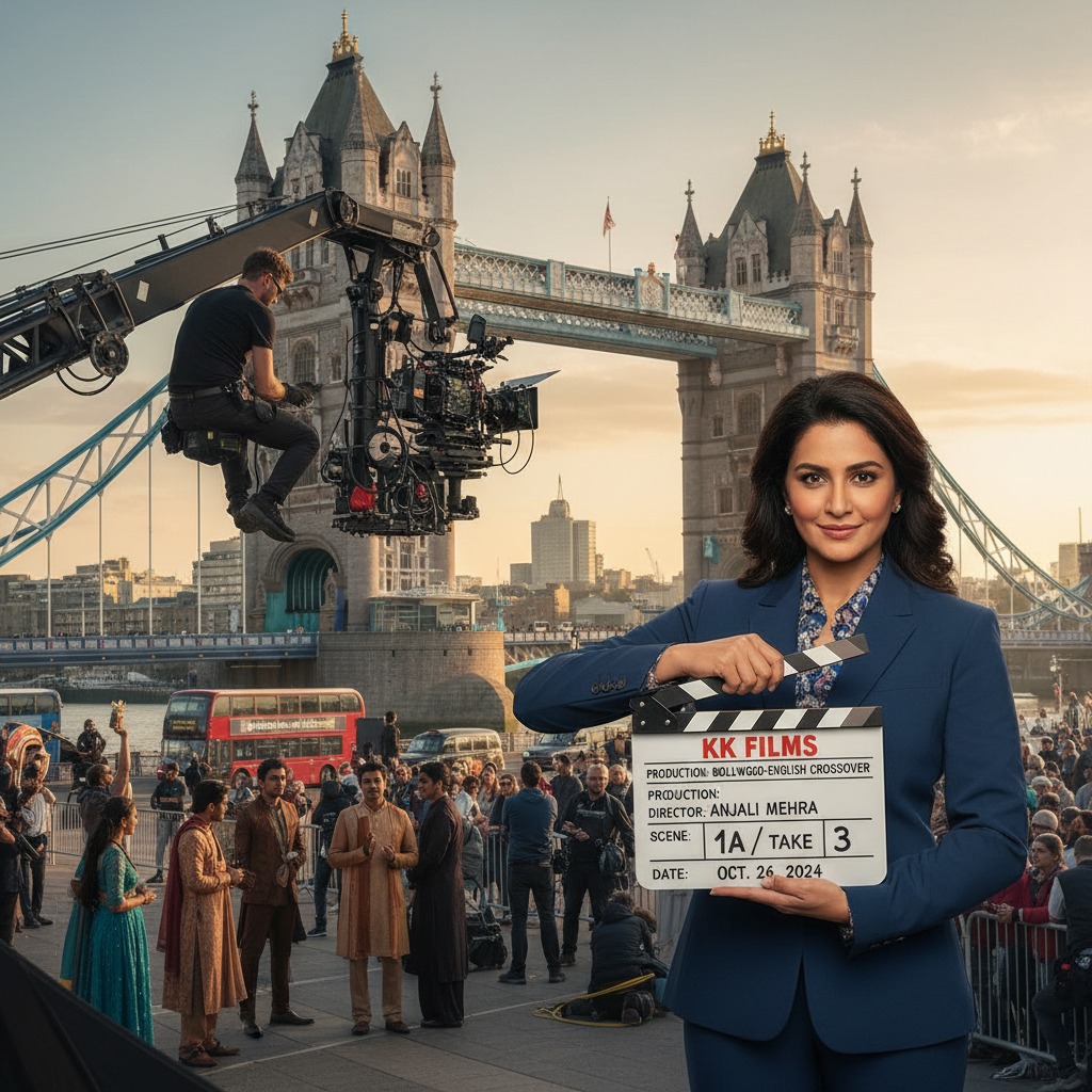 KK Films director closing KK Films clapperboard on a big shot of shooting Bollywood and English Crossover feature film on Tower Bridge London