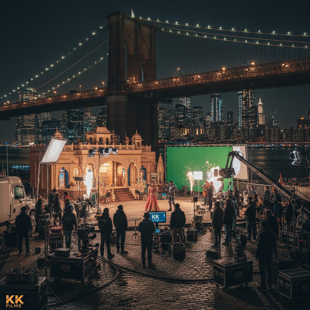 KK Films crew shooting a big budget Bollywood and English crossover feature film under iconic Manhattan bridge at bright night ,lit up Manhattan iconic buildings skyline showing directly behind the location. Don't show isolated clapperboard