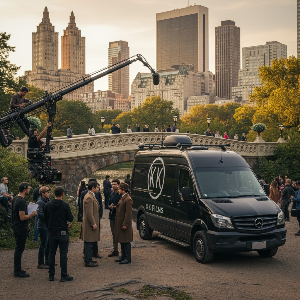 K K Films Crew filming on on the bridge of central park New York a film crew vehicle of K K Films standing behind the scene
